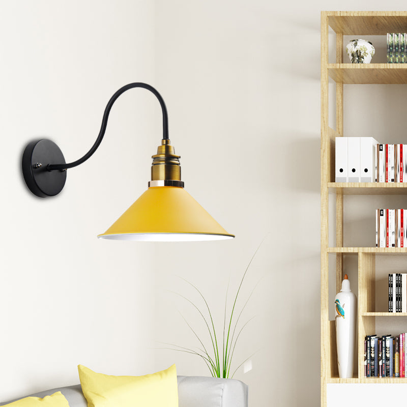 1 Light Pendant Lighting Industrial Metal Cone Bronze/Black/White Hanging Lamp for Indoor with Curved Arm Yellow Clearhalo 'Art deco wall lights' 'Cast Iron' 'Glass' 'Industrial wall lights' 'Industrial' 'Middle century wall lights' 'Modern' 'Rustic wall lights' 'Tiffany' 'Traditional wall lights' 'Wall Lamps & Sconces' 'Wall Lights' Lighting' 205256