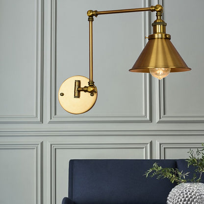 1 Light Metal Wall Lamp Industrial Brass Conical Indoor Sconce Light Fixture for Living Room Brass Clearhalo 'Art deco wall lights' 'Cast Iron' 'Glass' 'Industrial wall lights' 'Industrial' 'Middle century wall lights' 'Modern' 'Rustic wall lights' 'Tiffany' 'Traditional wall lights' 'Wall Lamps & Sconces' 'Wall Lights' Lighting' 205294