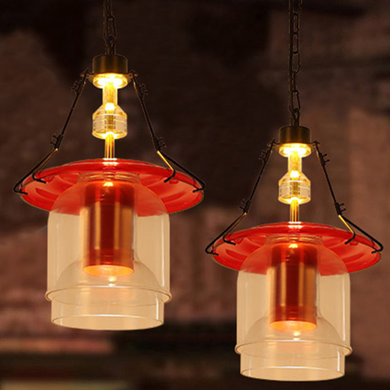 1 Light Cylinder/Cone Pendant Lighting Fixture Industrial Red Clear Glass Hanging Ceiling Light, 12"/19.5" Red 12" Clearhalo 'Art Deco Pendants' 'Cast Iron' 'Ceiling Lights' 'Ceramic' 'Crystal' 'Industrial Pendants' 'Industrial' 'Metal' 'Middle Century Pendants' 'Pendant Lights' 'Pendants' 'Tiffany' Lighting' 205351