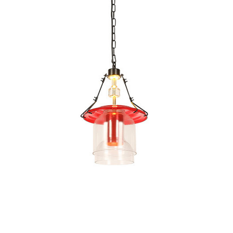 1 Light Cylinder/Cone Pendant Lighting Fixture Industrial Red Clear Glass Hanging Ceiling Light, 12"/19.5" Clearhalo 'Art Deco Pendants' 'Cast Iron' 'Ceiling Lights' 'Ceramic' 'Crystal' 'Industrial Pendants' 'Industrial' 'Metal' 'Middle Century Pendants' 'Pendant Lights' 'Pendants' 'Tiffany' Lighting' 205353