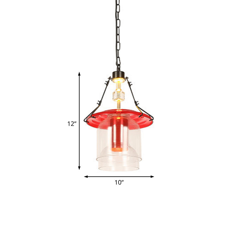 1 Light Cylinder/Cone Pendant Lighting Fixture Industrial Red Clear Glass Hanging Ceiling Light, 12"/19.5" Clearhalo 'Art Deco Pendants' 'Cast Iron' 'Ceiling Lights' 'Ceramic' 'Crystal' 'Industrial Pendants' 'Industrial' 'Metal' 'Middle Century Pendants' 'Pendant Lights' 'Pendants' 'Tiffany' Lighting' 205354