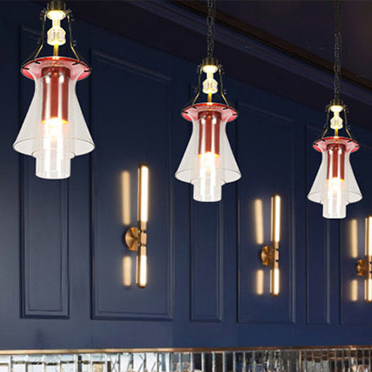 1 Light Cylinder/Cone Pendant Lighting Fixture Industrial Red Clear Glass Hanging Ceiling Light, 12"/19.5" Red 19.5" Clearhalo 'Art Deco Pendants' 'Cast Iron' 'Ceiling Lights' 'Ceramic' 'Crystal' 'Industrial Pendants' 'Industrial' 'Metal' 'Middle Century Pendants' 'Pendant Lights' 'Pendants' 'Tiffany' Lighting' 205355