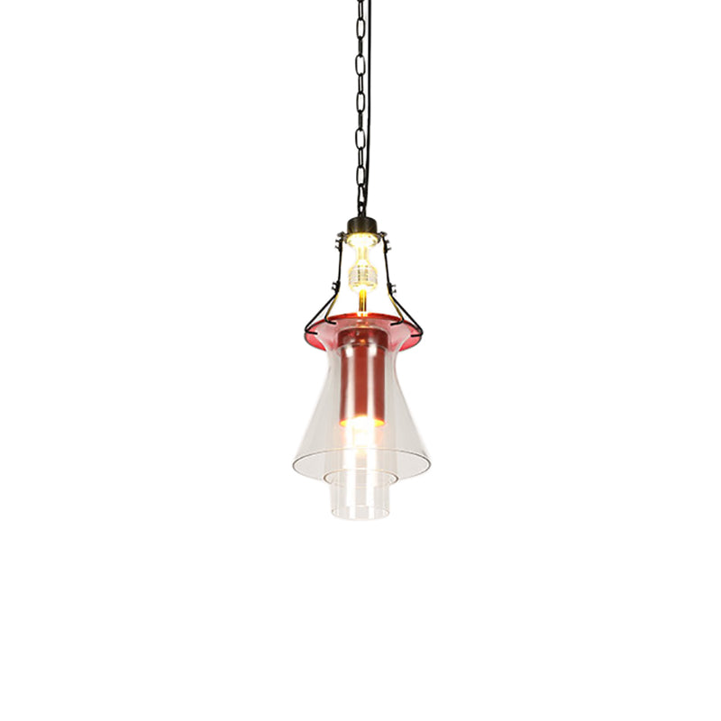 1 Light Cylinder/Cone Pendant Lighting Fixture Industrial Red Clear Glass Hanging Ceiling Light, 12"/19.5" Clearhalo 'Art Deco Pendants' 'Cast Iron' 'Ceiling Lights' 'Ceramic' 'Crystal' 'Industrial Pendants' 'Industrial' 'Metal' 'Middle Century Pendants' 'Pendant Lights' 'Pendants' 'Tiffany' Lighting' 205356