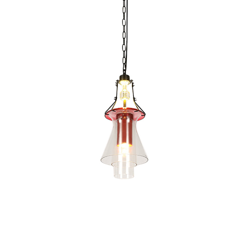 1 Light Cylinder/Cone Pendant Lighting Fixture Industrial Red Clear Glass Hanging Ceiling Light, 12"/19.5" Clearhalo 'Art Deco Pendants' 'Cast Iron' 'Ceiling Lights' 'Ceramic' 'Crystal' 'Industrial Pendants' 'Industrial' 'Metal' 'Middle Century Pendants' 'Pendant Lights' 'Pendants' 'Tiffany' Lighting' 205356