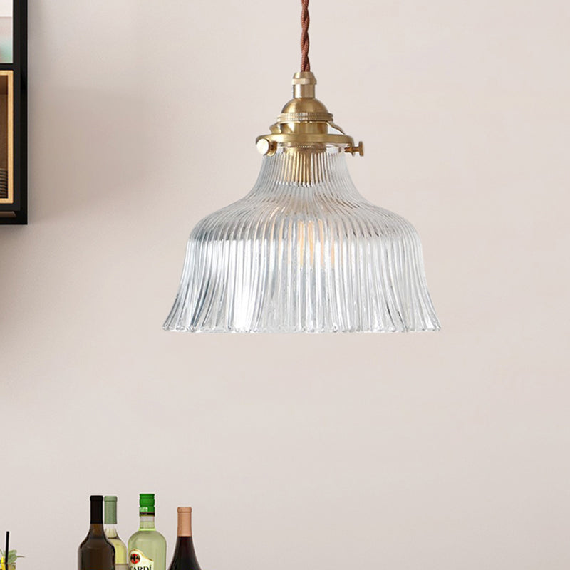 Brass 1 Light Pendant Lighting Industrial Clear Textured Glass Barn Hanging Lamp for Indoor, 6"/8" Brass 8" Clearhalo 'Ceiling Lights' 'Chandeliers' 'Glass shade' 'Glass' 'Industrial Pendants' 'Industrial' 'Middle Century Pendants' 'Pendant Lights' 'Pendants' 'Tiffany' Lighting' 205378
