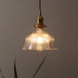Brass 1 Light Pendant Lighting Industrial Clear Textured Glass Barn Hanging Lamp for Indoor, 6"/8" Brass 6" Clearhalo 'Ceiling Lights' 'Chandeliers' 'Glass shade' 'Glass' 'Industrial Pendants' 'Industrial' 'Middle Century Pendants' 'Pendant Lights' 'Pendants' 'Tiffany' Lighting' 205379