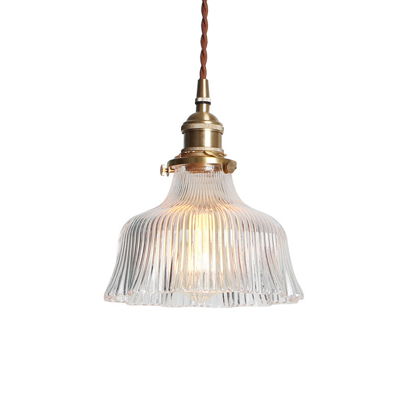 Brass 1 Light Pendant Lighting Industrial Clear Textured Glass Barn Hanging Lamp for Indoor, 6"/8" Clearhalo 'Ceiling Lights' 'Chandeliers' 'Glass shade' 'Glass' 'Industrial Pendants' 'Industrial' 'Middle Century Pendants' 'Pendant Lights' 'Pendants' 'Tiffany' Lighting' 205380