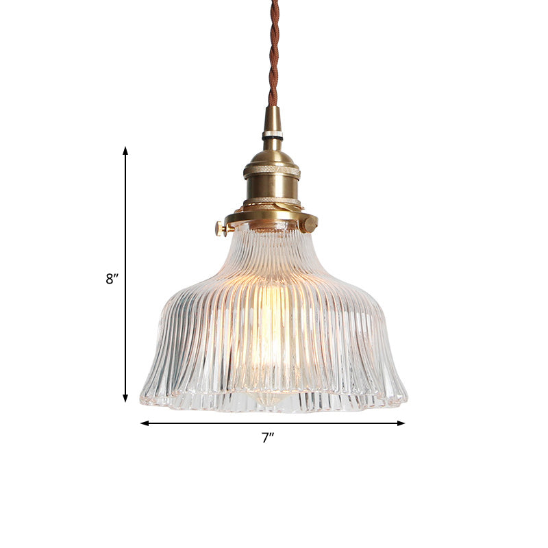Brass 1 Light Pendant Lighting Industrial Clear Textured Glass Barn Hanging Lamp for Indoor, 6"/8" Clearhalo 'Ceiling Lights' 'Chandeliers' 'Glass shade' 'Glass' 'Industrial Pendants' 'Industrial' 'Middle Century Pendants' 'Pendant Lights' 'Pendants' 'Tiffany' Lighting' 205381