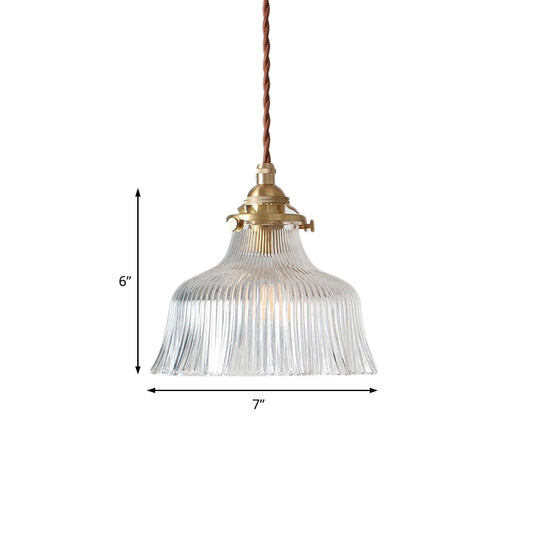 Brass 1 Light Pendant Lighting Industrial Clear Textured Glass Barn Hanging Lamp for Indoor, 6"/8" Clearhalo 'Ceiling Lights' 'Chandeliers' 'Glass shade' 'Glass' 'Industrial Pendants' 'Industrial' 'Middle Century Pendants' 'Pendant Lights' 'Pendants' 'Tiffany' Lighting' 205383