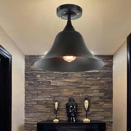 Cone Metal Semi Flush Industrial Single Bulb Living Room Ceiling Lighting Fixture in Black Black Clearhalo 'Ceiling Lights' 'Close To Ceiling Lights' 'Close to ceiling' 'Flush mount' 'Industrial Flush Mount' Lighting' 205403