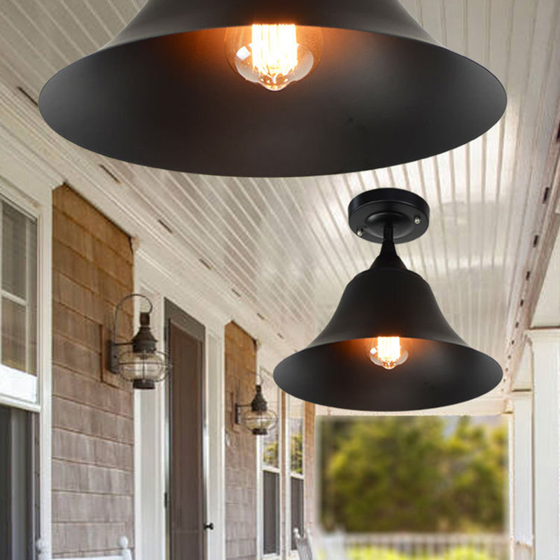 Cone Metal Semi Flush Industrial Single Bulb Living Room Ceiling Lighting Fixture in Black Clearhalo 'Ceiling Lights' 'Close To Ceiling Lights' 'Close to ceiling' 'Flush mount' 'Industrial Flush Mount' Lighting' 205404