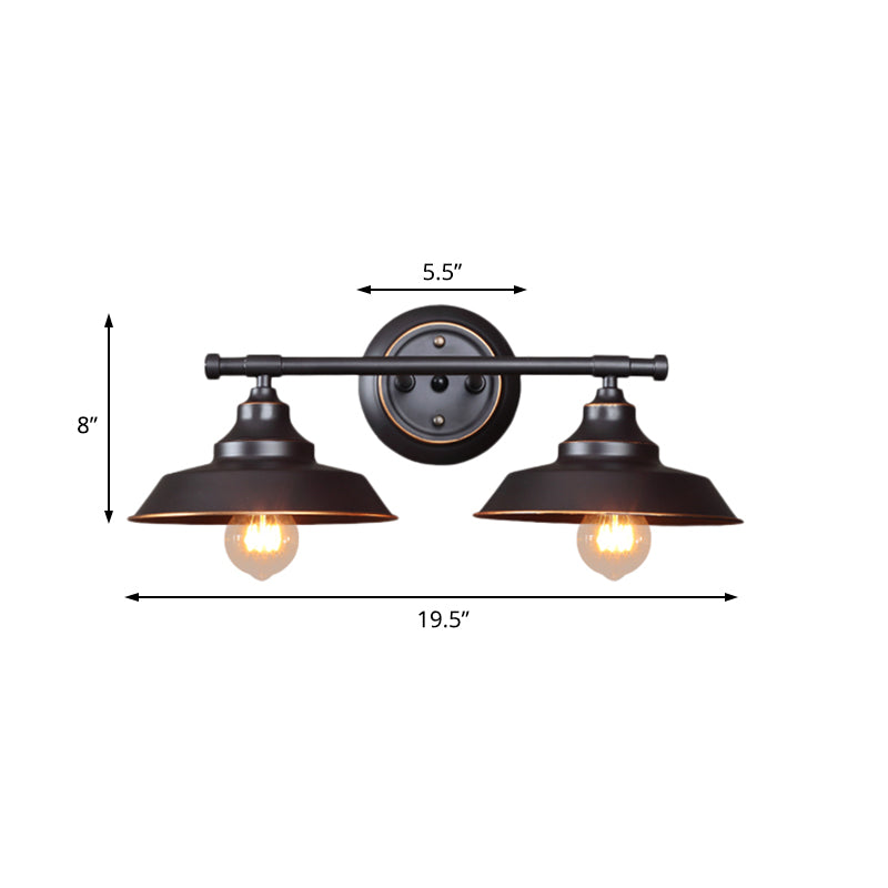 2-Light Barn Shade Wall Lamp Industrial Matte Black Metal Sconce Light Fixture for Living Room with Round Backplate Clearhalo 'Art deco wall lights' 'Cast Iron' 'Glass' 'Industrial wall lights' 'Industrial' 'Middle century wall lights' 'Modern' 'Rustic wall lights' 'Tiffany' 'Traditional wall lights' 'Wall Lamps & Sconces' 'Wall Lights' Lighting' 205524