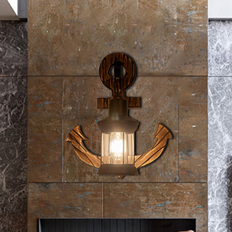 One Bulb Clear Glass Wall Lighting Coastal Black Kerosene Indoor Sconce Light Fixture with Wooden Backplate Clearhalo 'Industrial wall lights' 'Industrial' 'Middle century wall lights' 'Rustic wall lights' 'Tiffany' 'Wall Lamps & Sconces' 'Wall Lights' Lighting' 205623