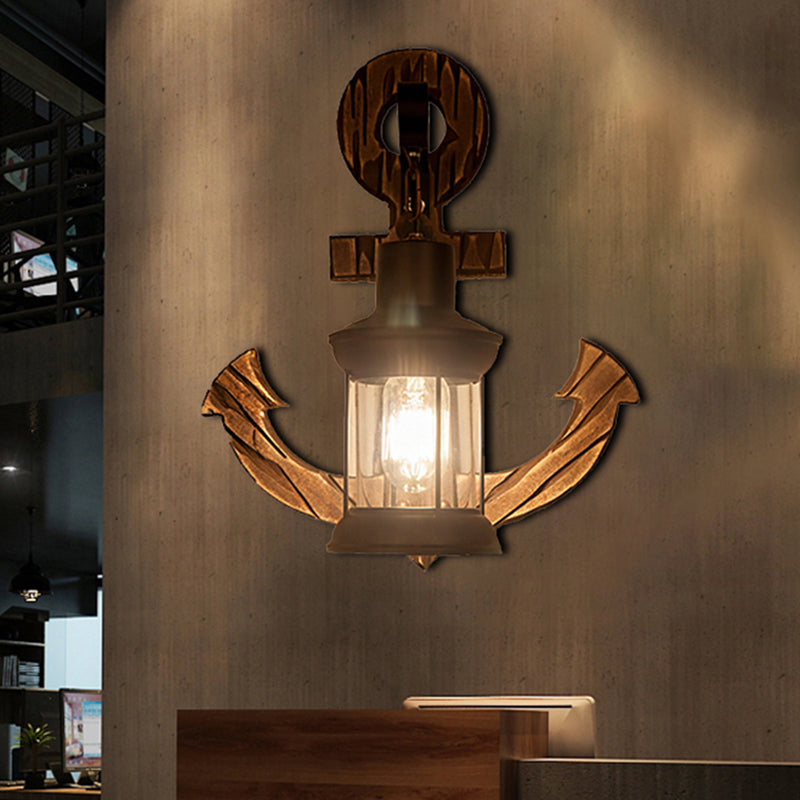 One Bulb Clear Glass Wall Lighting Coastal Black Kerosene Indoor Sconce Light Fixture with Wooden Backplate Clearhalo 'Industrial wall lights' 'Industrial' 'Middle century wall lights' 'Rustic wall lights' 'Tiffany' 'Wall Lamps & Sconces' 'Wall Lights' Lighting' 205624