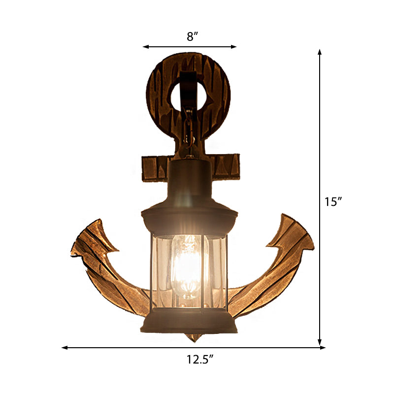 One Bulb Clear Glass Wall Lighting Coastal Black Kerosene Indoor Sconce Light Fixture with Wooden Backplate Clearhalo 'Industrial wall lights' 'Industrial' 'Middle century wall lights' 'Rustic wall lights' 'Tiffany' 'Wall Lamps & Sconces' 'Wall Lights' Lighting' 205626