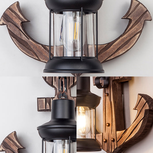 One Bulb Clear Glass Wall Lighting Coastal Black Kerosene Indoor Sconce Light Fixture with Wooden Backplate Clearhalo 'Industrial wall lights' 'Industrial' 'Middle century wall lights' 'Rustic wall lights' 'Tiffany' 'Wall Lamps & Sconces' 'Wall Lights' Lighting' 205627