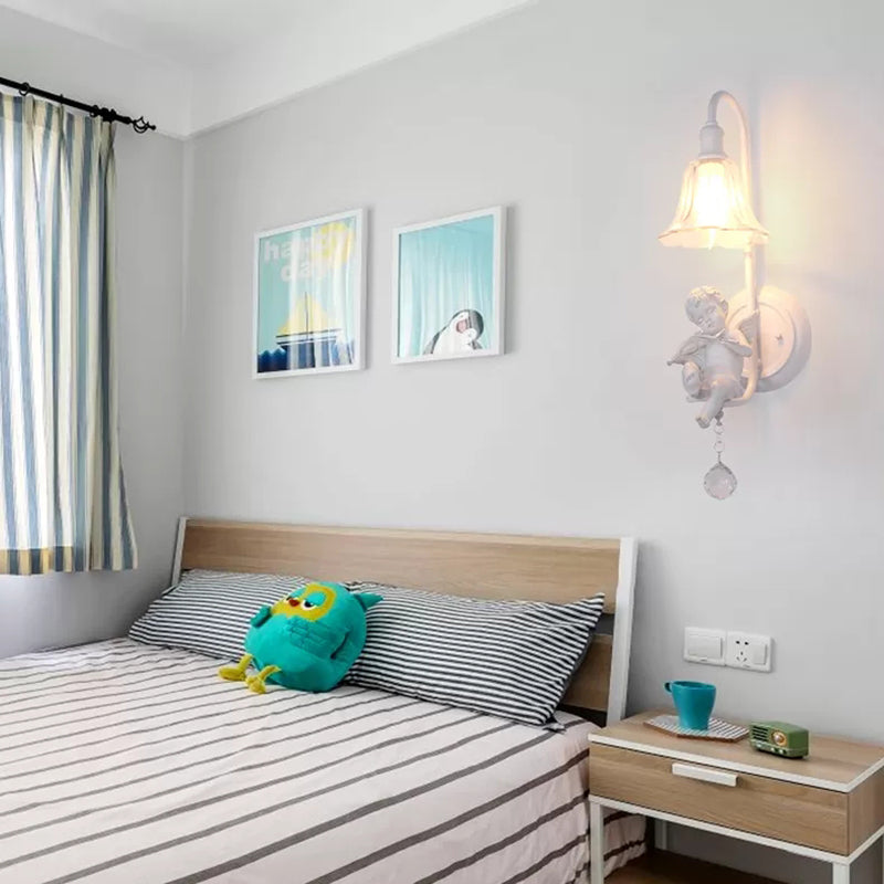 Modern White Wall Light Bell Shade 1 Head Metal Wall Lamp with Angel for Child Bedroom Clearhalo 'Wall Lamps & Sconces' 'Wall Lights' Lighting' 205708