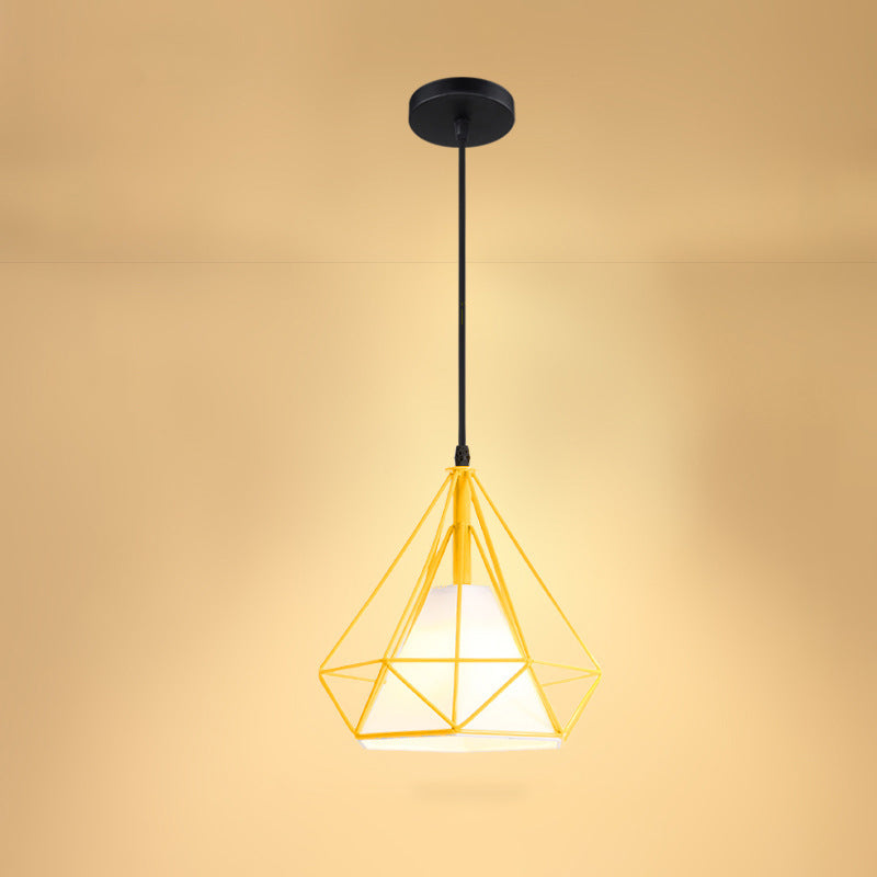 Industrial Cone Ceiling Pendant Single Fabric Hanging Pendant Light with Diamond Iron Cage Yellow Clearhalo 'Art Deco Pendants' 'Cast Iron' 'Ceiling Lights' 'Ceramic' 'Crystal' 'Industrial Pendants' 'Industrial' 'Metal' 'Middle Century Pendants' 'Pendant Lights' 'Pendants' 'Tiffany' Lighting' 2057386