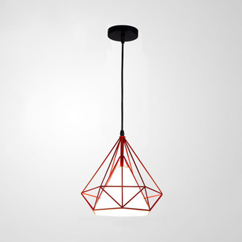 Industrial Cone Ceiling Pendant Single Fabric Hanging Pendant Light with Diamond Iron Cage Red Clearhalo 'Art Deco Pendants' 'Cast Iron' 'Ceiling Lights' 'Ceramic' 'Crystal' 'Industrial Pendants' 'Industrial' 'Metal' 'Middle Century Pendants' 'Pendant Lights' 'Pendants' 'Tiffany' Lighting' 2057387