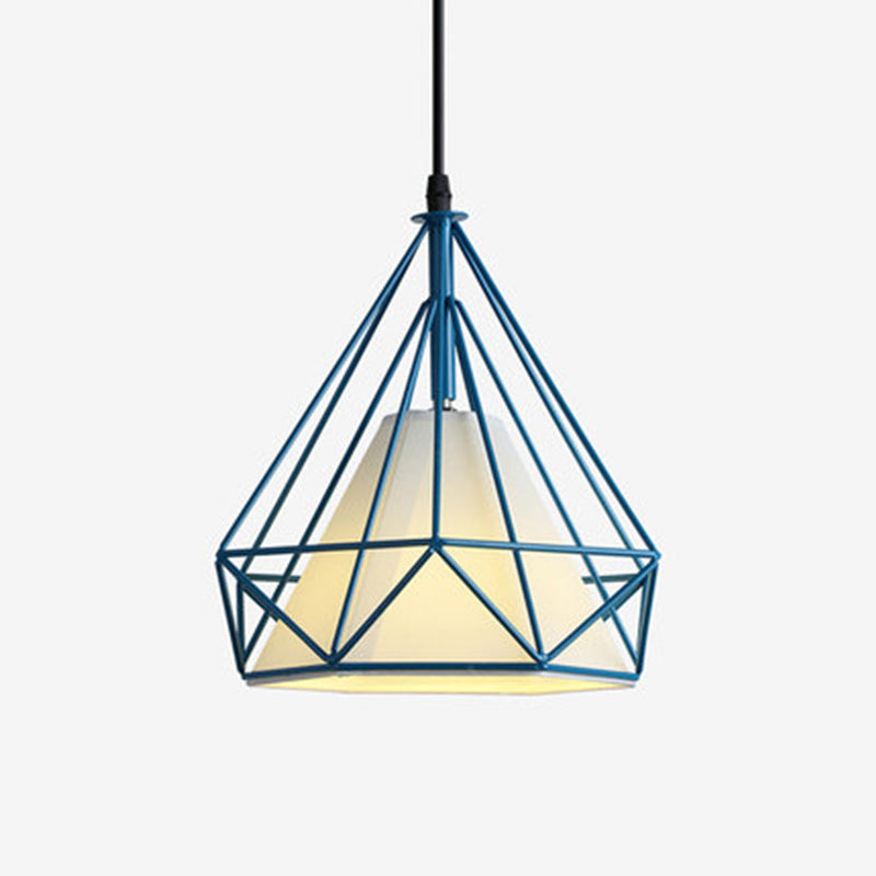 Industrial Cone Ceiling Pendant Single Fabric Hanging Pendant Light with Diamond Iron Cage Blue Clearhalo 'Art Deco Pendants' 'Cast Iron' 'Ceiling Lights' 'Ceramic' 'Crystal' 'Industrial Pendants' 'Industrial' 'Metal' 'Middle Century Pendants' 'Pendant Lights' 'Pendants' 'Tiffany' Lighting' 2057388