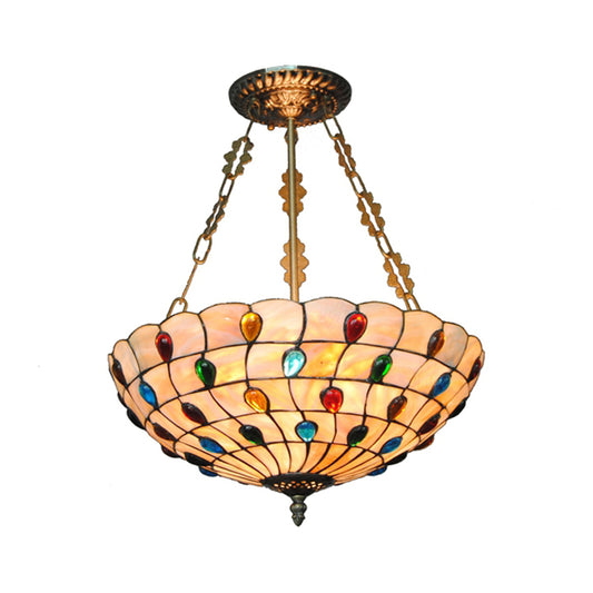 16"/18" W Tiffany Ceiling Lighting 3 Lights Jeweled Semi Flush Light in Beige with Chain and Art Glass Shade Beige 16" Clearhalo 'Ceiling Lights' 'Close To Ceiling Lights' 'Close to ceiling' 'Glass shade' 'Glass' 'Semi-flushmount' 'Tiffany close to ceiling' 'Tiffany' Lighting' 20573
