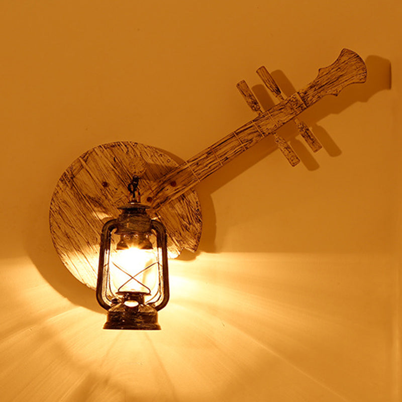 1 Light Clear Glass and Wall Lamp Coastal Grey Lantern Indoor Sconce Light Fixture with Wooden Instrument Backplate Grey Clearhalo 'Industrial wall lights' 'Industrial' 'Middle century wall lights' 'Tiffany' 'Wall Lamps & Sconces' 'Wall Lights' Lighting' 205741