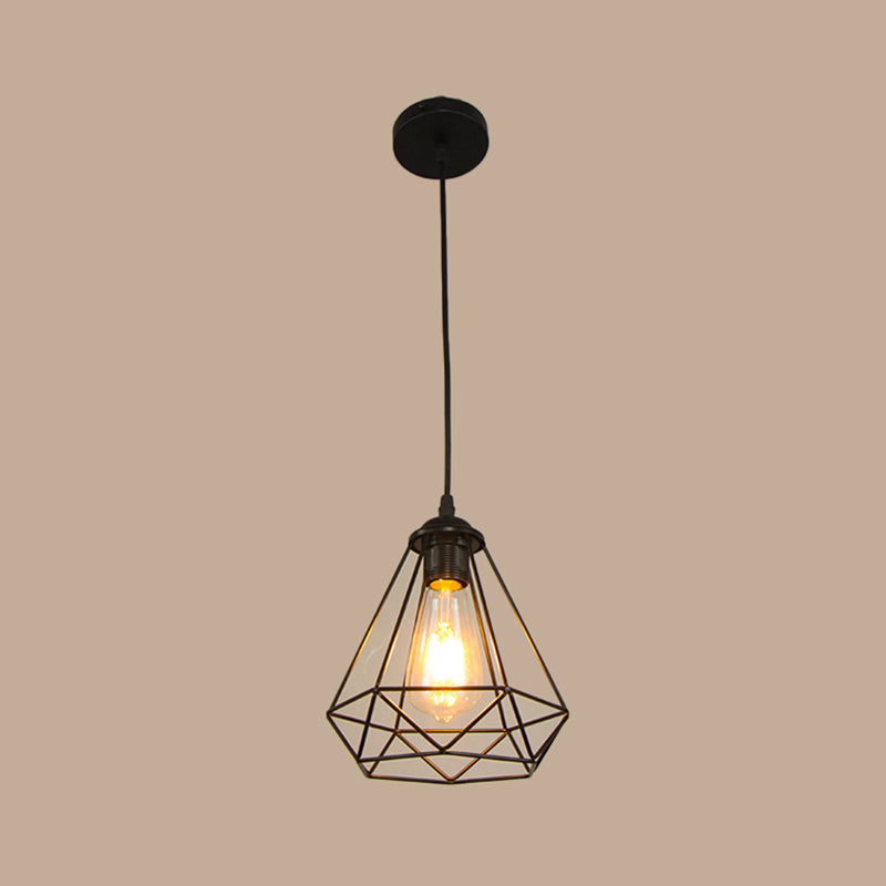 Single-Bulb Hanging Lamp Vintage Diamond Iron Ceiling Light in Black for Dining Room Clearhalo 'Art Deco Pendants' 'Black' 'Cast Iron' 'Ceiling Lights' 'Ceramic' 'Crystal' 'Industrial Pendants' 'Industrial' 'Metal' 'Middle Century Pendants' 'Pendant Lights' 'Pendants' 'Rustic Pendants' 'Tiffany' Lighting' 2057423