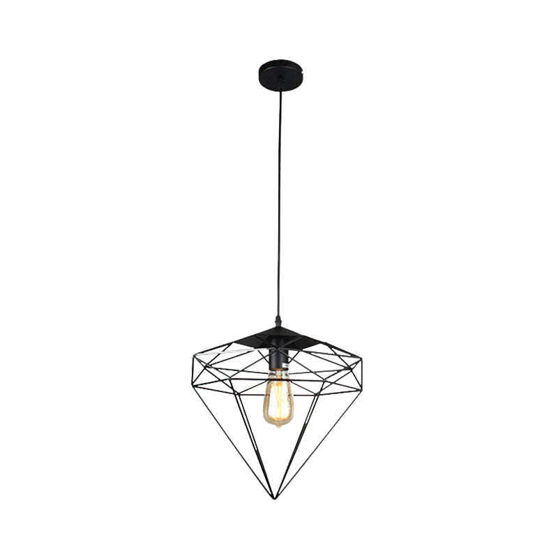 Diamond Cage Iron Hanging Lamp Vintage Single-Bulb Dining Room Hanging Light in Black Black A Clearhalo 'Art Deco Pendants' 'Black' 'Cast Iron' 'Ceiling Lights' 'Ceramic' 'Crystal' 'Industrial Pendants' 'Industrial' 'Metal' 'Middle Century Pendants' 'Pendant Lights' 'Pendants' 'Rustic Pendants' 'Tiffany' Lighting' 2057429