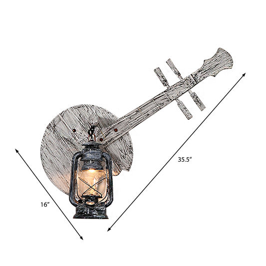 1 Light Clear Glass and Wall Lamp Coastal Grey Lantern Indoor Sconce Light Fixture with Wooden Instrument Backplate Clearhalo 'Industrial wall lights' 'Industrial' 'Middle century wall lights' 'Tiffany' 'Wall Lamps & Sconces' 'Wall Lights' Lighting' 205743