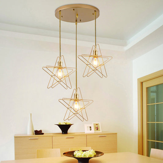 Gold Star Cage Multi Ceiling Light Simplicity Metal 3 Bulbs Dining Room Hanging Light Gold Round Clearhalo 'Art Deco Pendants' 'Cast Iron' 'Ceiling Lights' 'Ceramic' 'Crystal' 'Industrial Pendants' 'Industrial' 'Metal' 'Middle Century Pendants' 'Pendant Lights' 'Pendants' 'Tiffany' Lighting' 2057471