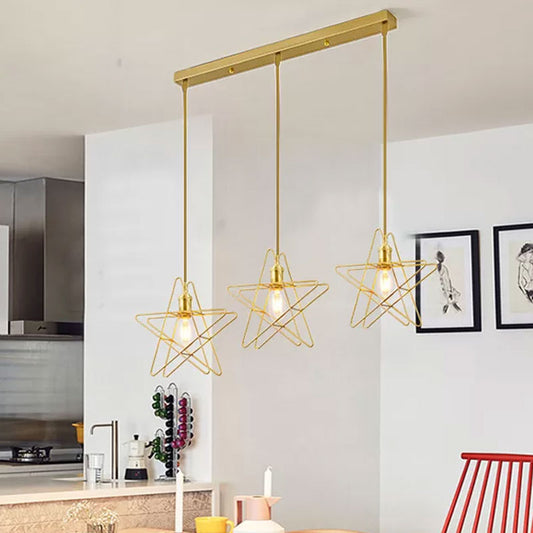 Gold Star Cage Multi Ceiling Light Simplicity Metal 3 Bulbs Dining Room Hanging Light Gold Linear Clearhalo 'Art Deco Pendants' 'Cast Iron' 'Ceiling Lights' 'Ceramic' 'Crystal' 'Industrial Pendants' 'Industrial' 'Metal' 'Middle Century Pendants' 'Pendant Lights' 'Pendants' 'Tiffany' Lighting' 2057476