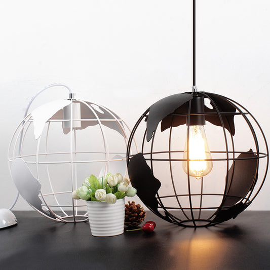 Iron Terrestrial Globe Hanging Light Simplicity 1��Bulb Restaurant Pendant Light Fixture in White Clearhalo 'Ceiling Lights' 'Industrial Pendants' 'Industrial' 'Middle Century Pendants' 'Pendant Lights' 'Pendants' 'Tiffany' Lighting' 2057489_d9837756-fb35-4b44-9297-97d8a777843c