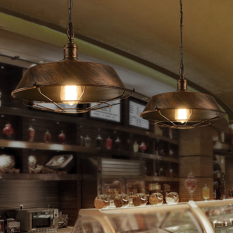 Vintage Pot Lid Shaped Hanging Lamp Single-Bulb Iron Suspension Light for Restaurant Brass Clearhalo 'Art Deco Pendants' 'Black' 'Cast Iron' 'Ceiling Lights' 'Ceramic' 'Crystal' 'Industrial Pendants' 'Industrial' 'Metal' 'Middle Century Pendants' 'Pendant Lights' 'Pendants' 'Rustic Pendants' 'Tiffany' Lighting' 2057502