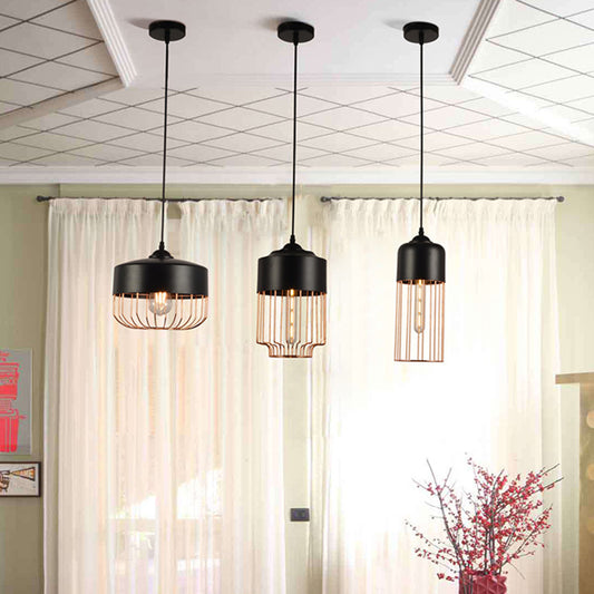 Iron Geometrical Cage Pendant Light Antique 1-Light Dining Room Hanging Light Fixture in Black Clearhalo 'Art Deco Pendants' 'Black' 'Cast Iron' 'Ceiling Lights' 'Ceramic' 'Crystal' 'Industrial Pendants' 'Industrial' 'Metal' 'Middle Century Pendants' 'Pendant Lights' 'Pendants' 'Rustic Pendants' 'Tiffany' Lighting' 2057530