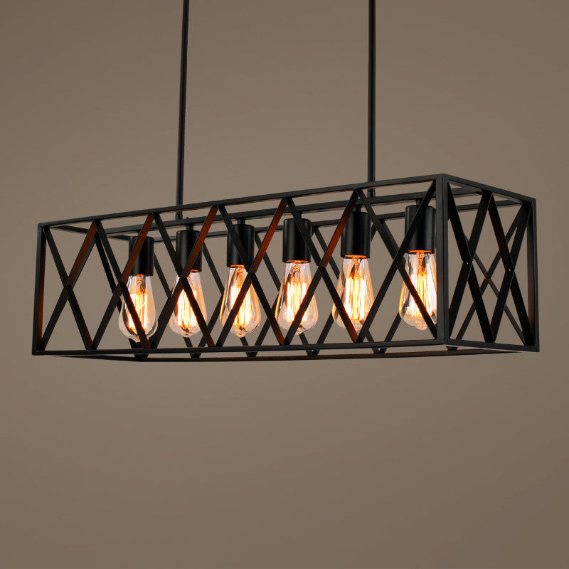 Rectangle Frame Iron Pendant Light Industrial Restaurant Hanging Island Light in Black 6 Black Clearhalo 'Ceiling Lights' 'Island Lights' Lighting' 2057540
