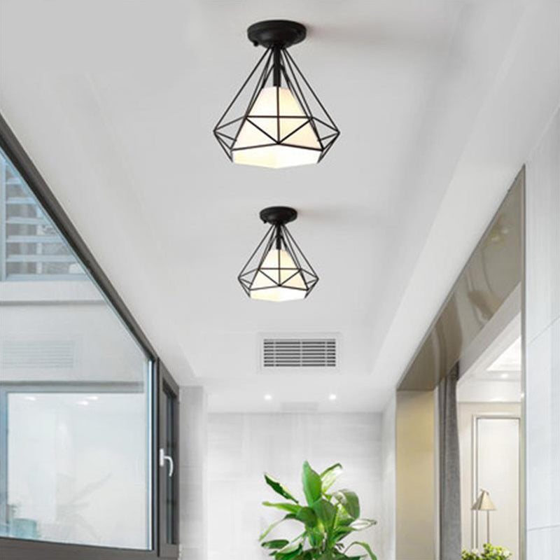 Single Flush Ceiling Light Vintage Diamond Shaped Metal Flush Mount Lighting Fixture with Cone Fabric Shade Clearhalo 'Ceiling Lights' 'Close To Ceiling Lights' 'Close to ceiling' 'Flush mount' 'Industrial Flush Mount' Lighting' 2057557
