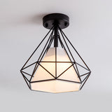 Single Flush Ceiling Light Vintage Diamond Shaped Metal Flush Mount Lighting Fixture with Cone Fabric Shade Clearhalo 'Ceiling Lights' 'Close To Ceiling Lights' 'Close to ceiling' 'Flush mount' 'Industrial Flush Mount' Lighting' 2057558