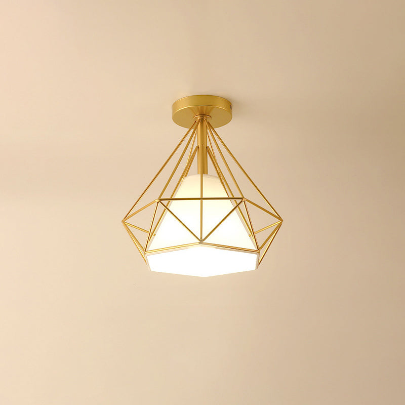 Single Flush Ceiling Light Vintage Diamond Shaped Metal Flush Mount Lighting Fixture with Cone Fabric Shade Gold Clearhalo 'Ceiling Lights' 'Close To Ceiling Lights' 'Close to ceiling' 'Flush mount' 'Industrial Flush Mount' Lighting' 2057560