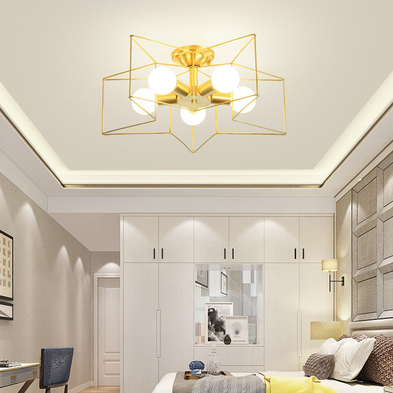 Metal Star Cage Flush Mount Lighting Industrial Style Bedroom Ceiling Light Flush Mount in Gold 5 Gold Clearhalo 'Ceiling Lights' 'Close To Ceiling Lights' 'Close to ceiling' 'Flush mount' 'Industrial Flush Mount' Lighting' 2057569