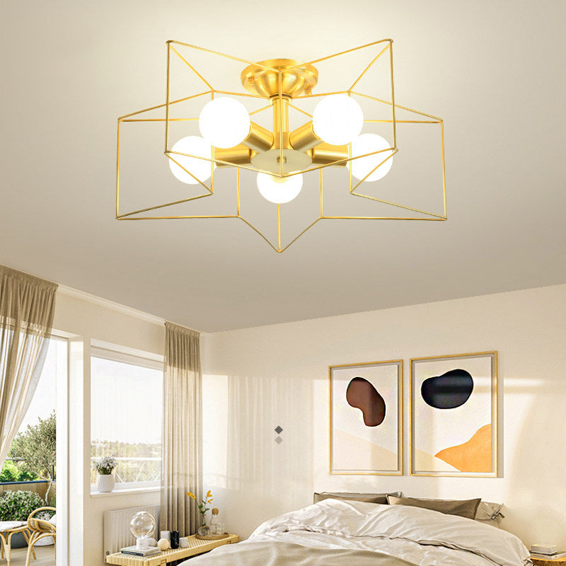 Metal Star Cage Flush Mount Lighting Industrial Style Bedroom Ceiling Light Flush Mount in Gold Clearhalo 'Ceiling Lights' 'Close To Ceiling Lights' 'Close to ceiling' 'Flush mount' 'Industrial Flush Mount' Lighting' 2057570