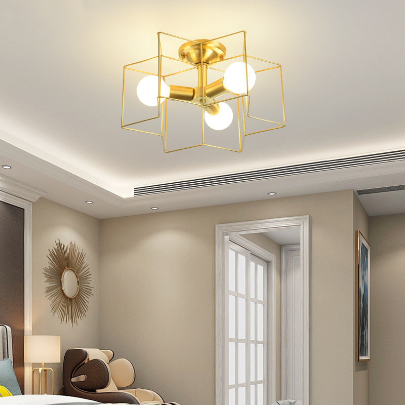 Metal Star Cage Flush Mount Lighting Industrial Style Bedroom Ceiling Light Flush Mount in Gold 3 Gold Clearhalo 'Ceiling Lights' 'Close To Ceiling Lights' 'Close to ceiling' 'Flush mount' 'Industrial Flush Mount' Lighting' 2057573