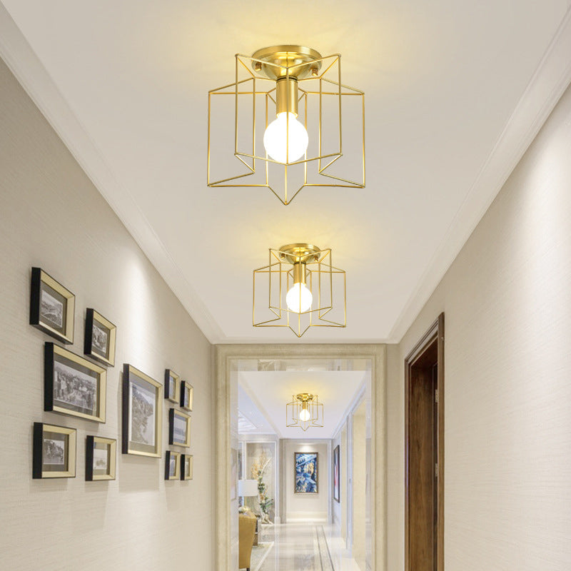 Metal Star Cage Flush Mount Lighting Industrial Style Bedroom Ceiling Light Flush Mount in Gold 1 Gold Clearhalo 'Ceiling Lights' 'Close To Ceiling Lights' 'Close to ceiling' 'Flush mount' 'Industrial Flush Mount' Lighting' 2057575