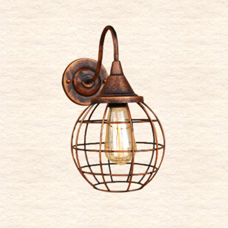 Antique Globe Cage Wall Mount Light Single-Bulb Iron Wall Light Fixture for Restaurant Clearhalo 'Art deco wall lights' 'Cast Iron' 'Glass' 'Industrial wall lights' 'Industrial' 'Middle century wall lights' 'Modern' 'Rustic wall lights' 'Tiffany' 'Traditional wall lights' 'Wall Lamps & Sconces' 'Wall Lights' Lighting' 2057579