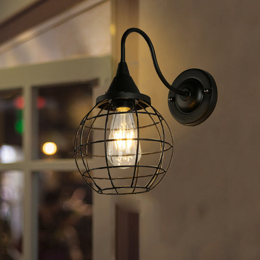 Antique Globe Cage Wall Mount Light Single-Bulb Iron Wall Light Fixture for Restaurant Black Clearhalo 'Art deco wall lights' 'Cast Iron' 'Glass' 'Industrial wall lights' 'Industrial' 'Middle century wall lights' 'Modern' 'Rustic wall lights' 'Tiffany' 'Traditional wall lights' 'Wall Lamps & Sconces' 'Wall Lights' Lighting' 2057581
