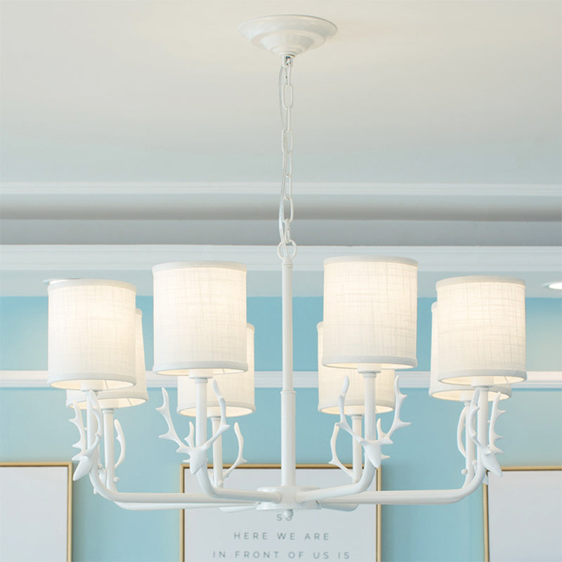 Cylinder Living Room Suspension Light with Antlers Metal Rustic Style Chandelier 8 White Clearhalo 'Ceiling Lights' 'Chandeliers' Lighting' options 205761_b75e7384-5919-47ae-9238-086e2850093f