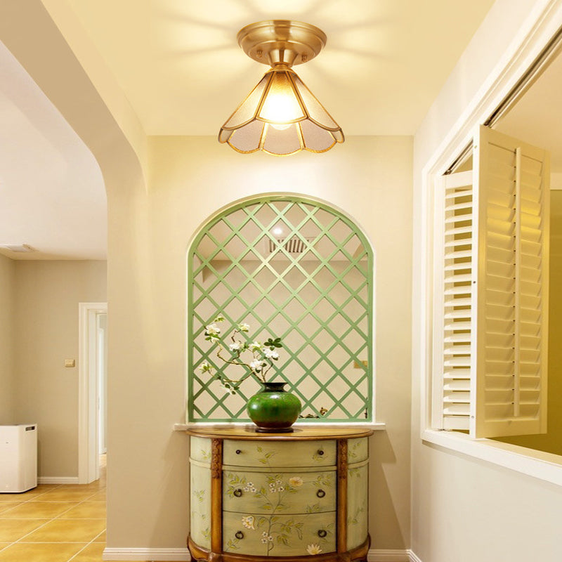 Glass Tapered Semi Flush Mount Minimalism Single-Bulb Corridor Flush Mount Ceiling Light in Gold Gold A Clearhalo 'Ceiling Lights' 'Close To Ceiling Lights' 'Close to ceiling' 'Semi-flushmount' Lighting' 2057667