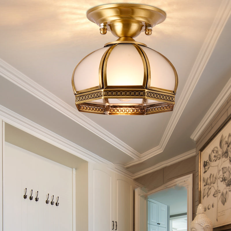 Dome Shaped Dining Room Flush Mount Lighting Classic Metallic Gold Semi Flush Mount with Opal Glass Shade Clearhalo 'Ceiling Lights' 'Close To Ceiling Lights' 'Close to ceiling' 'Semi-flushmount' Lighting' 2057674