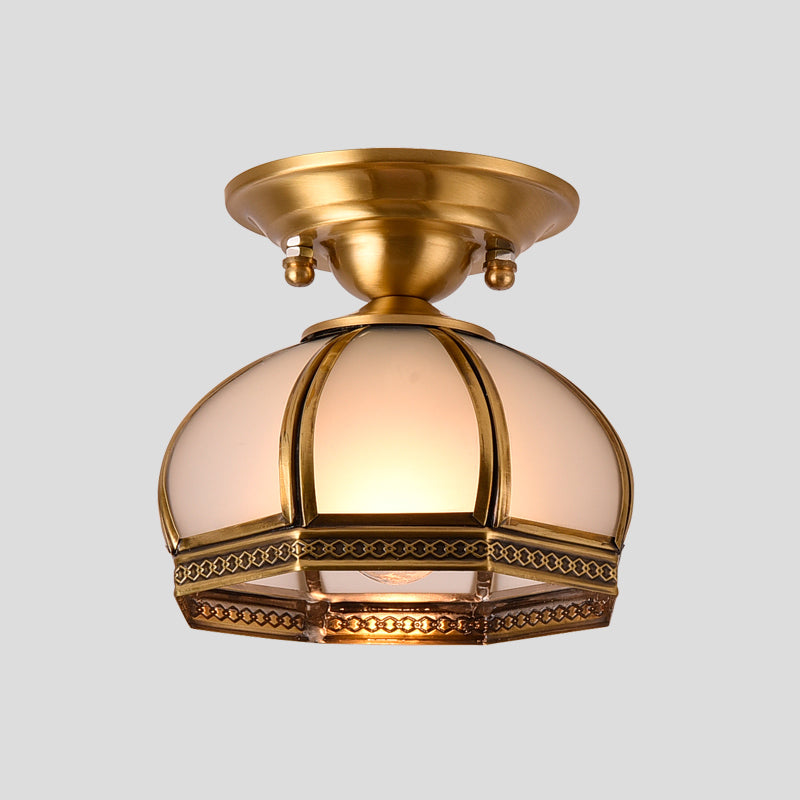 Dome Shaped Dining Room Flush Mount Lighting Classic Metallic Gold Semi Flush Mount with Opal Glass Shade Clearhalo 'Ceiling Lights' 'Close To Ceiling Lights' 'Close to ceiling' 'Semi-flushmount' Lighting' 2057675
