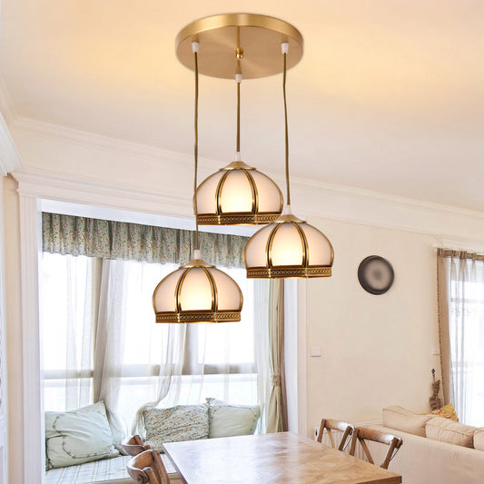 Dome Shaped Dining Room Flush Mount Lighting Classic Metallic Gold Semi Flush Mount with Opal Glass Shade 3 Gold Clearhalo 'Ceiling Lights' 'Close To Ceiling Lights' 'Close to ceiling' 'Semi-flushmount' Lighting' 2057676