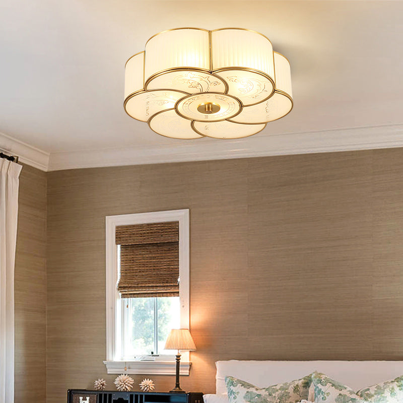Flower-Shaped Frost Glass Ceiling Light Simplicity Bedroom Flush Light Fixture in Brass Clearhalo 'Ceiling Lights' 'Close To Ceiling Lights' 'Close to ceiling' 'Flush mount' Lighting' 2057697